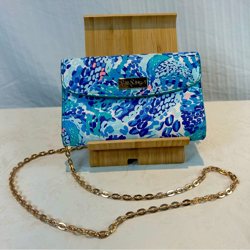 Lilly Pulitzer Mallorca Crossbody Blue Pink Floral Abstract Clutch Gold Tassel